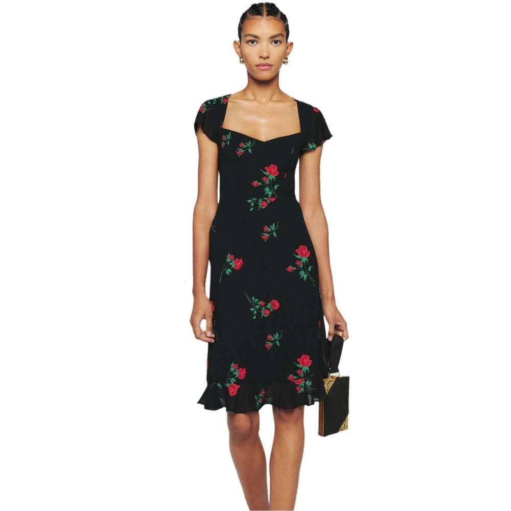 Goth Dresses for Woman Elegant for A Wedding 485 Summer New 2025 Printed Over-the-knee Square Neck Mid-length Slim Dress French Style Womens Fashion