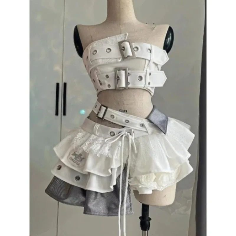 Sweet and Cool Maillard Retro Old Spice Girl Style Splicing Lace Denim Neck Top Irregular Short Skirt Two-piece Set for Women 250614