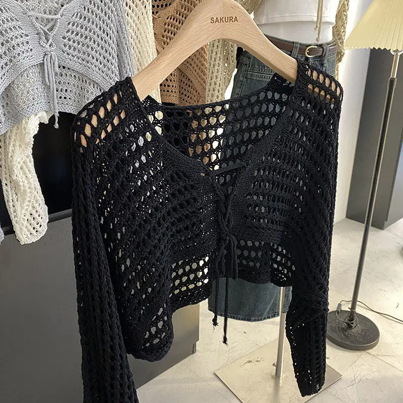 Hollow Out Short Style with Camisole Knitted Sweater for Womens Summer Loose Long Sleeved Cover Up Sun Protection Top 250616
