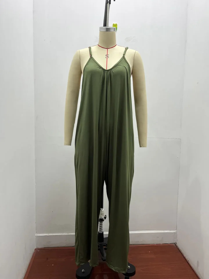 European and American Suspender Womens Summer Foreign Trade Tolid Color Pocket Casual Jumpsuit 250616