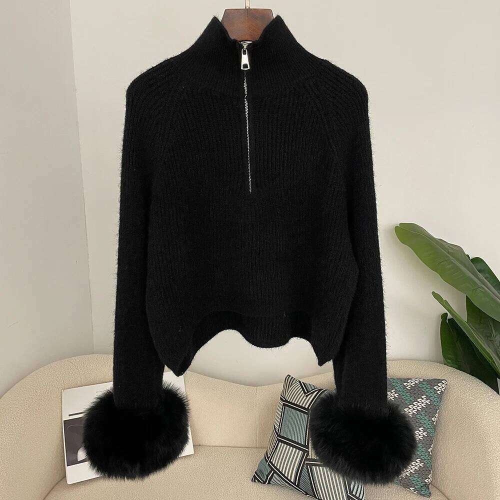 OFTBUY Spring Pullover New Women Zipper Underlay Loose Premium Sweater Female Autumn Knitwear Patchwork Real Fur Coat