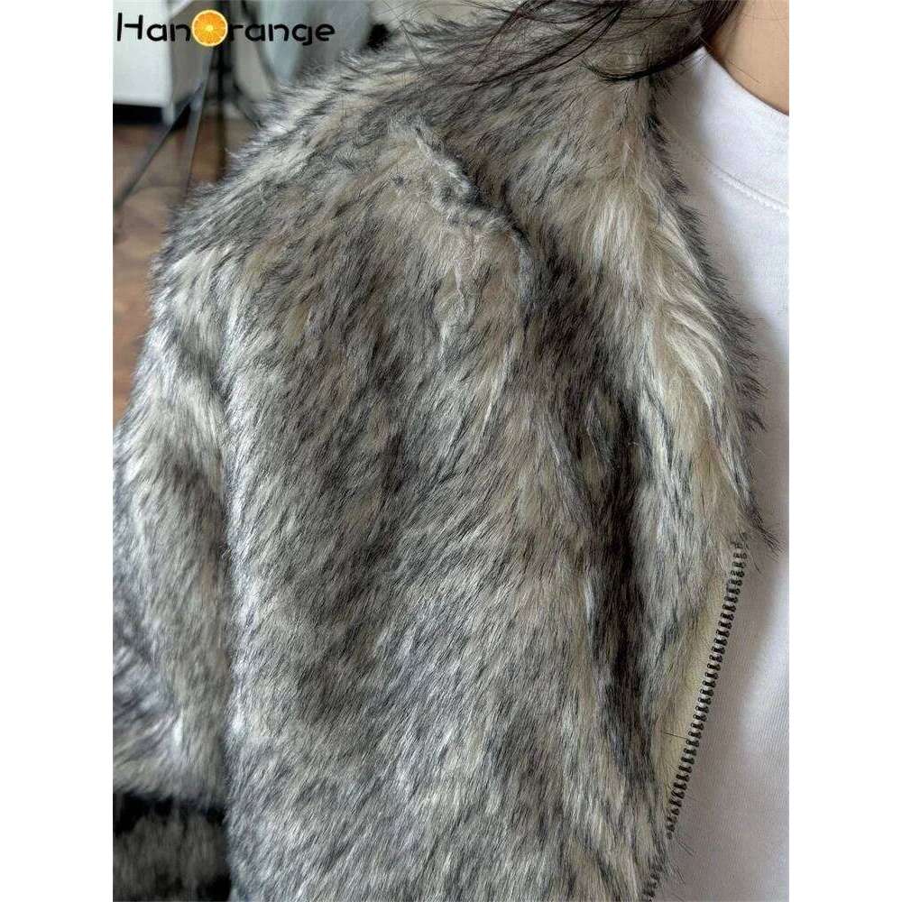 HanOrange 2024 Winter Retro Imitation Fur Eco Long Hair Parkas Women Fluffy Warm Comfortable Quilted Jacket Gray