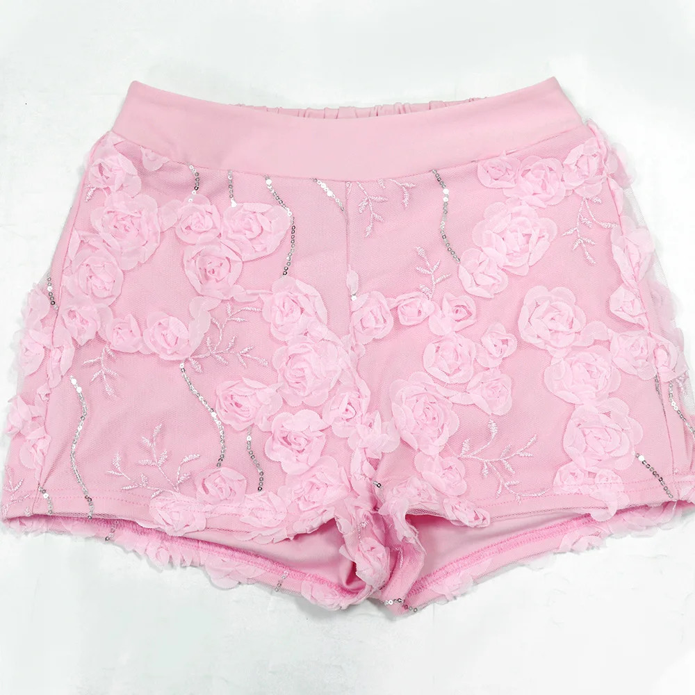 HBLL Sexy 3D Flower See Through Sequin Embroidery Crop Top and Shorts Pink 2 Pieces Set for Woman Summer Birthday Party Outfits 250613