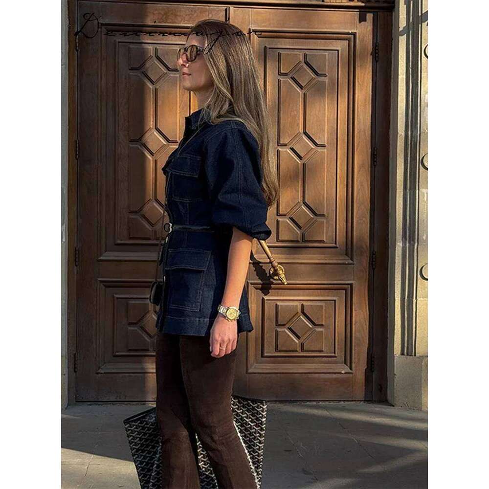 Vintage Belt Denim Coat Women Solid Lapel Long Sleeve Pockets Mid Length Female Jacket 2025 Spring Fashion Street Lady Outwear
