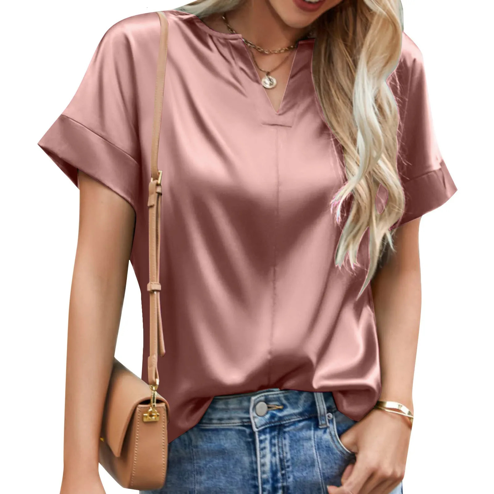 Active Long Sleeve Tops European And Foreign Trade Womens Spring Summer Top Satin Solid Color V Neck Short 4x T Shirt 250614