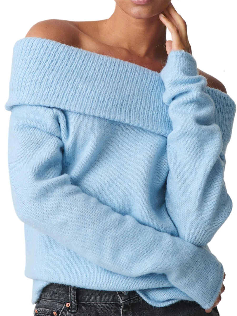 Womens Off Shoulder Crop Sweater Solid Color Boat Neck Long Sleeve Loose Knitwear Pullover 250614