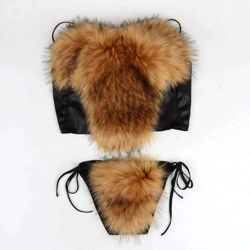 High Waist Swimsuit Sexy Thong Bikini Women Real Raccoon Fox Fur Two Piece Swimsuits Brazilian Bathing Suit