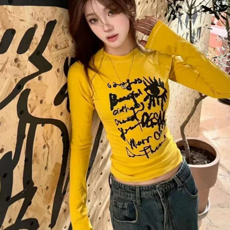 Yellow Top Female Korean Clothing With Sleeves Womens Long Sleeve T-shirt Pulovers Youthful Clothes Harajuku Fashion Popular