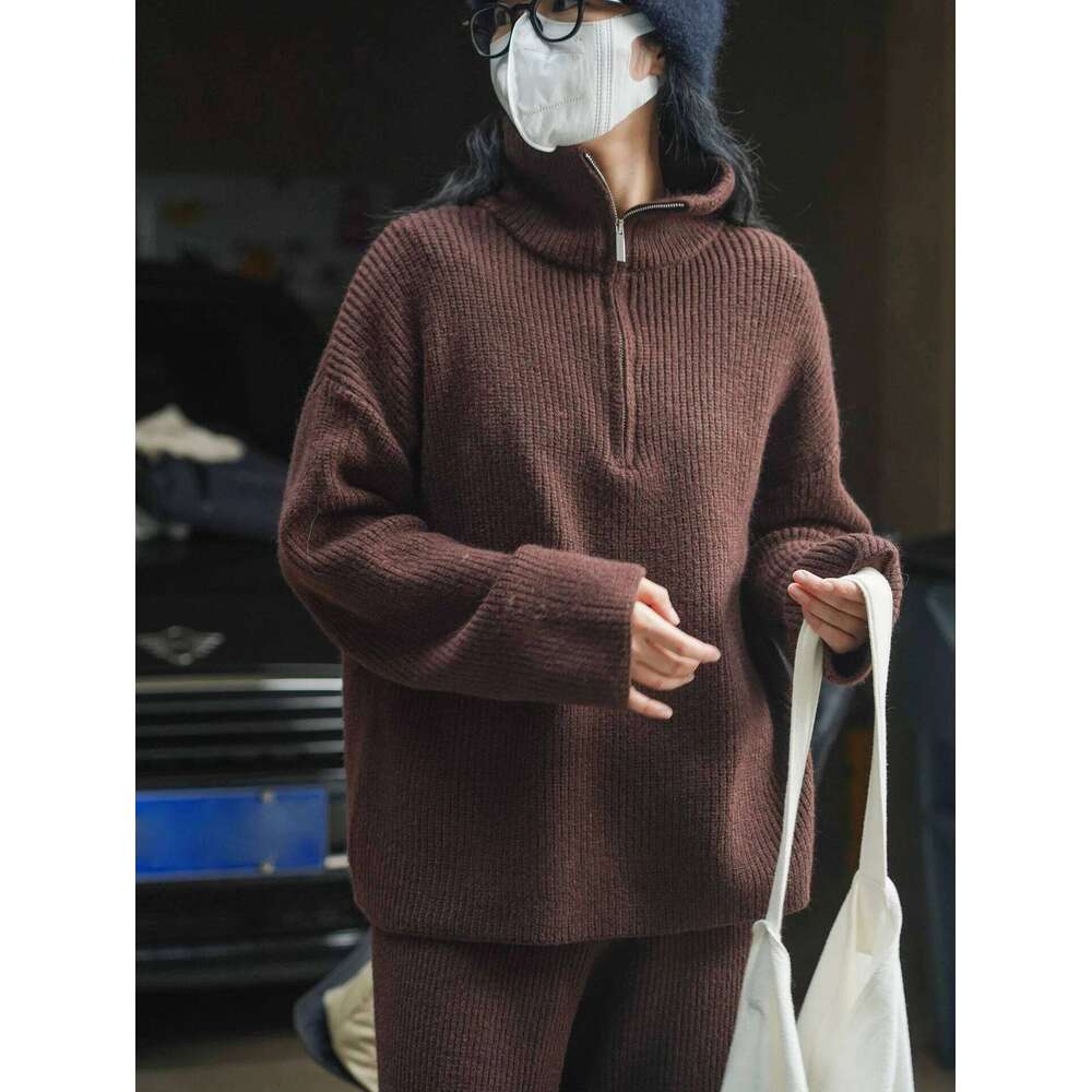 Women's High Neck Long Sleeve Casson Sweater Autumn Winter Casual Solid Color Fashionable Knitwear