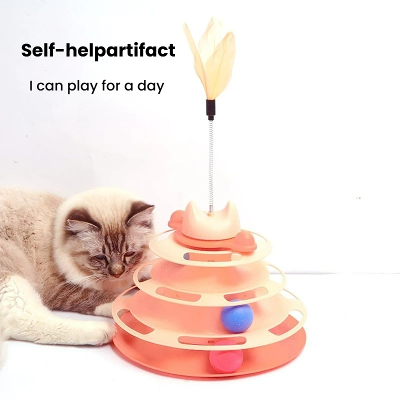 4-Tier Roller Track Cat Toy Tower with Feather Teaser Ball, Interactive Kitten Play Toy
