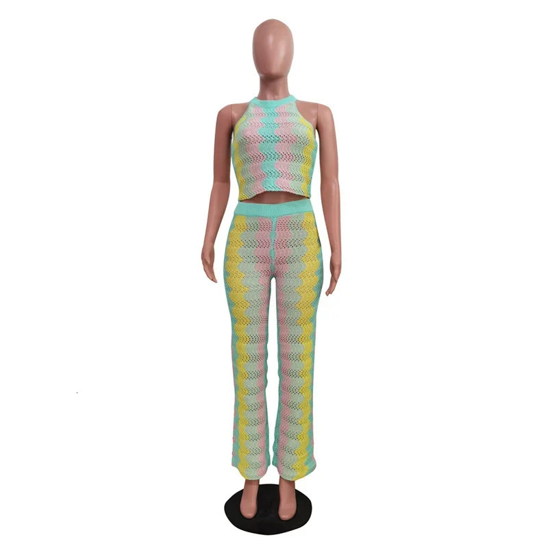 Knitted Striped 2 Piece Sets Women Outfit Summer Beach Vacation Sleeveless Crop Top and Flare Pants Matching Sets Club Party 250616