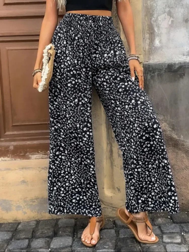 Plus Size 1XL5XL Women Sequined Print Wide Leg Pants Female Casual Elegant Drawstring High Waisted Loose Long Trousers 250609