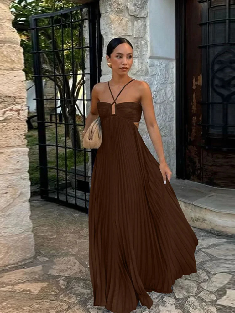Summer Halter Pleated Long Dress Women Backless Sleeveless Blue Beach Vacation Dresses Female 2025 Fashion Lady A-line Robes 250616