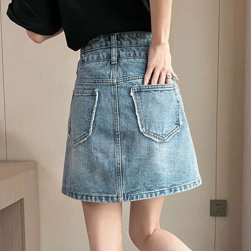 Stylish High Waist With Pocket Jeans Skirts for Women A Line Summer 2025 Harajuku Streetwear Y2k Vintage Cheap Woman Denim Skirt