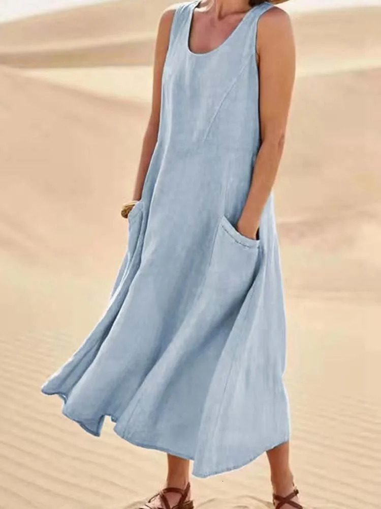 Women Coton Linen Sundress Summer Female Sleeveless Double Big Pocket Loose Sand Beachwear Long Dress Oversized S-5XL LRFZ-818 250616