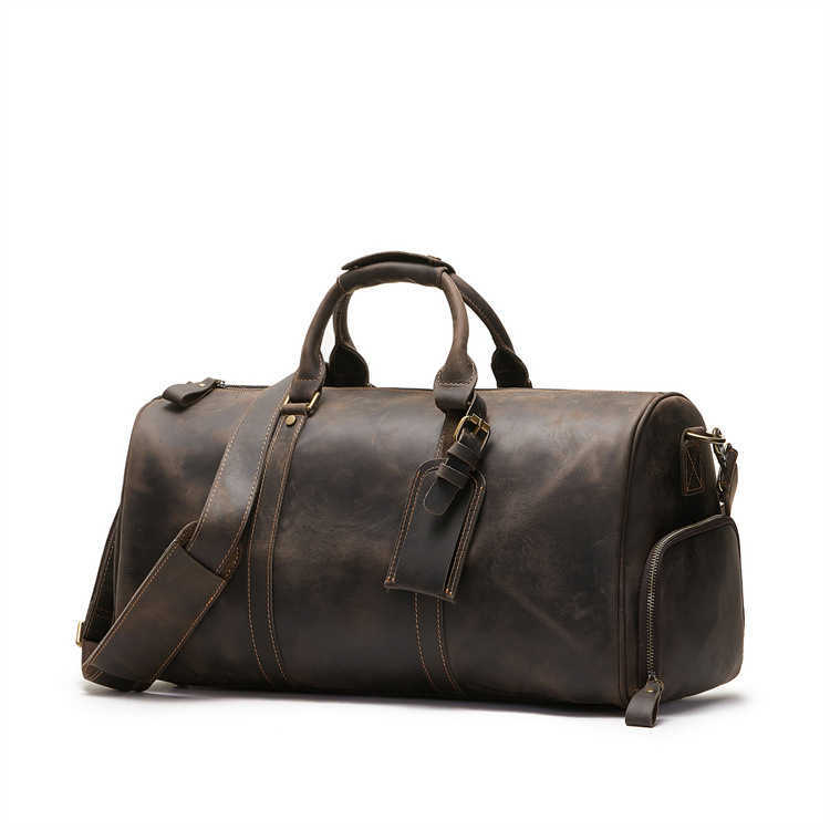 Top Layer Cowhide Crazy Horse Leather Travel Bag Large Capacity Gym Bag Shoe Compartment Outdoor Genuine Leather Mens Travel Duffel Bag