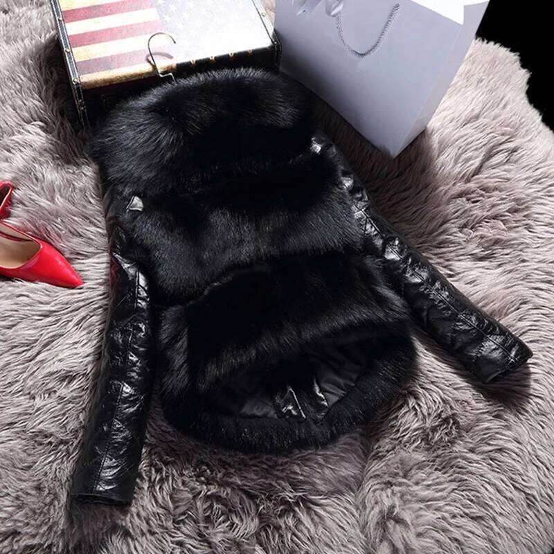 HJQJLJL 2022 Winter Removable PU Sleeve Faux Women Short Fluffy Fake Fur Outerwear Fashion Fuzzy Coat Overcoat