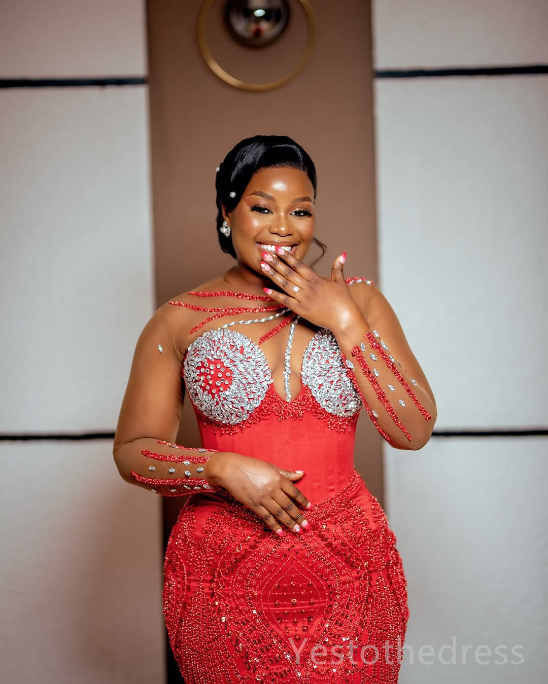 2025 Plus Size Red Aso Ebi Prom Dress Mermaid Prom Dresses Evening Formal Gowns Sheer Neck Long Sleeves Beaded Lace Flora Birthday Dress Second Recept