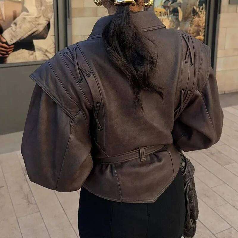 Women Faux Leather Jacket 2024 Autumn Winter Versatile Brown Long Sleeves V Neck Lace Up Coat Causal Lady High Street Outerwear