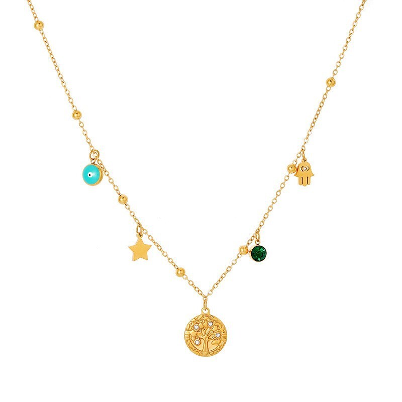 Bohemian Style Fashion Personality Temperament Inlaid Dia Tree of Life Star Eye Necklace for Women Titanium Steel Non-Fading Jewelry