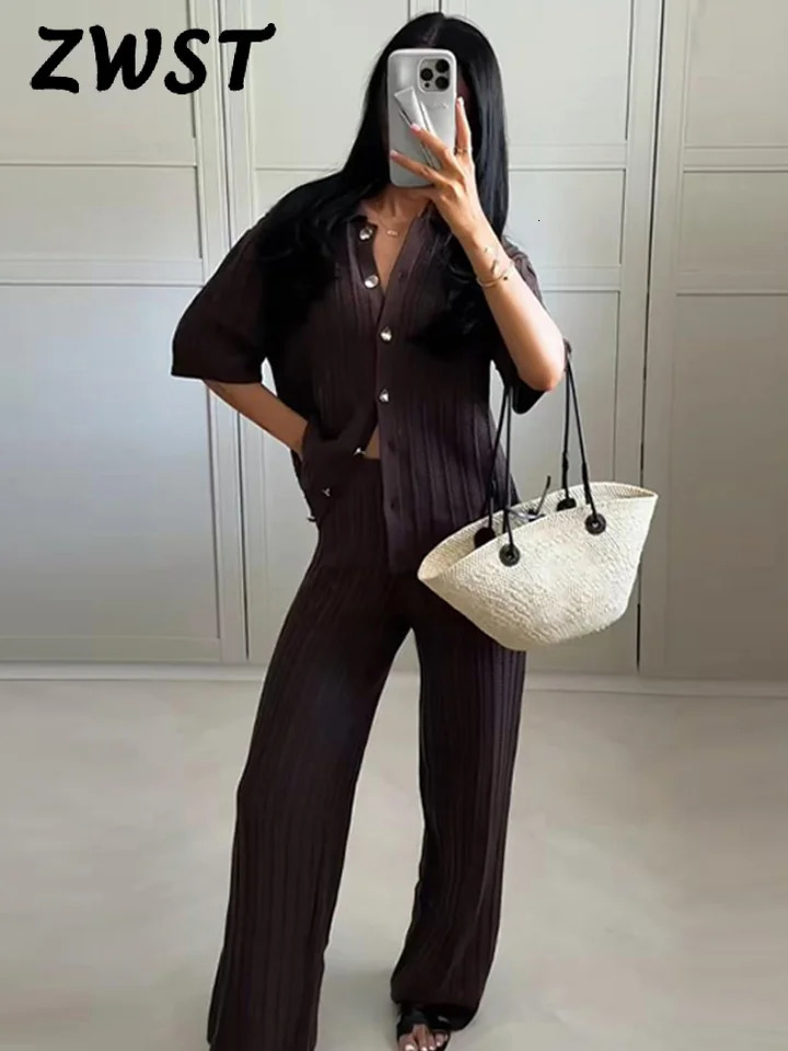 Vintage Knitted Loose Pants Set Women Brown Half Sleeve Lapel Single Breasted Cardigan Straight Trousers 2025 Fashion Solid Suit 250616