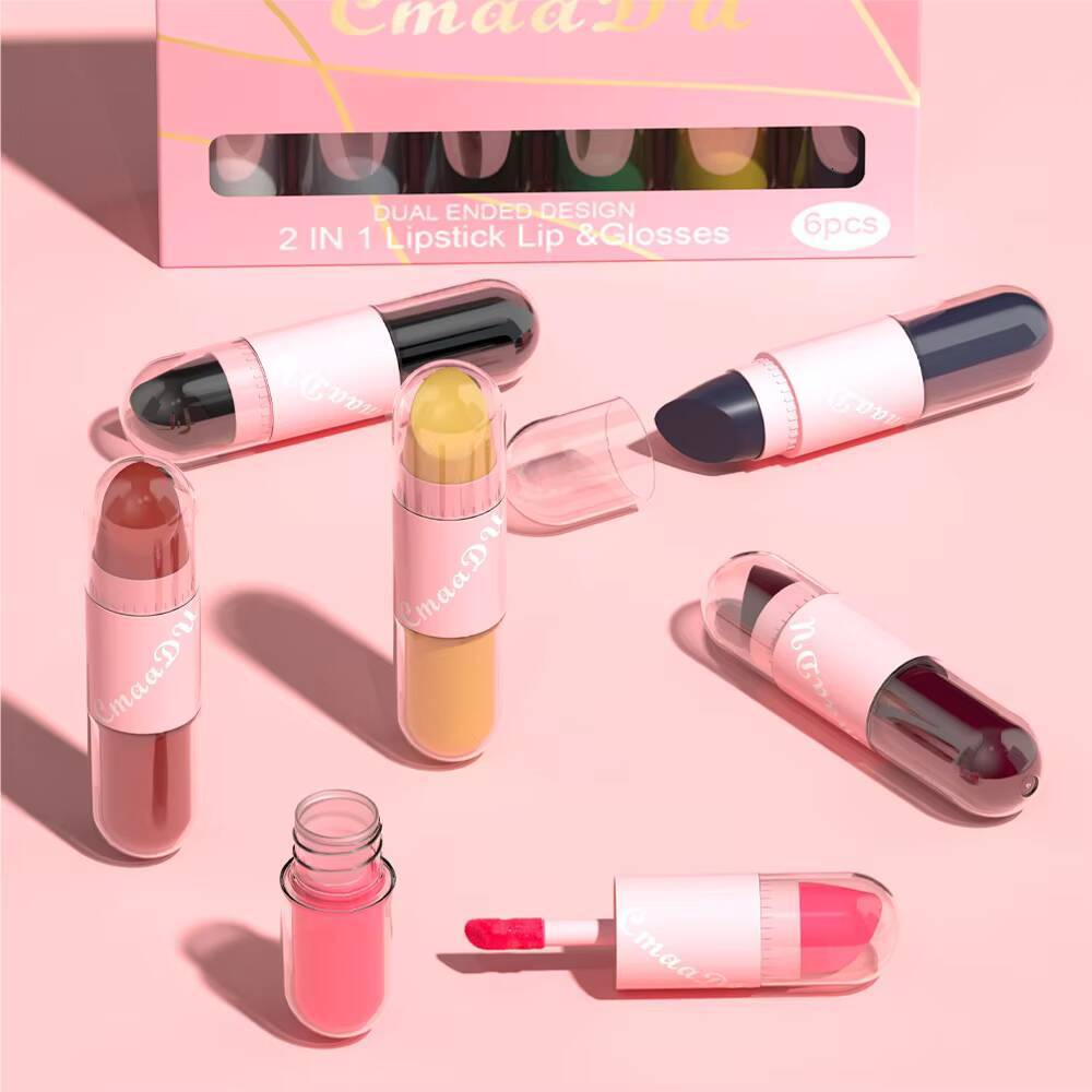 CmaaDu 2 IN 1 lipstick lip & glosses 6-piece matte Lipstick Face Color waterproof small size light weight easy to carry happy