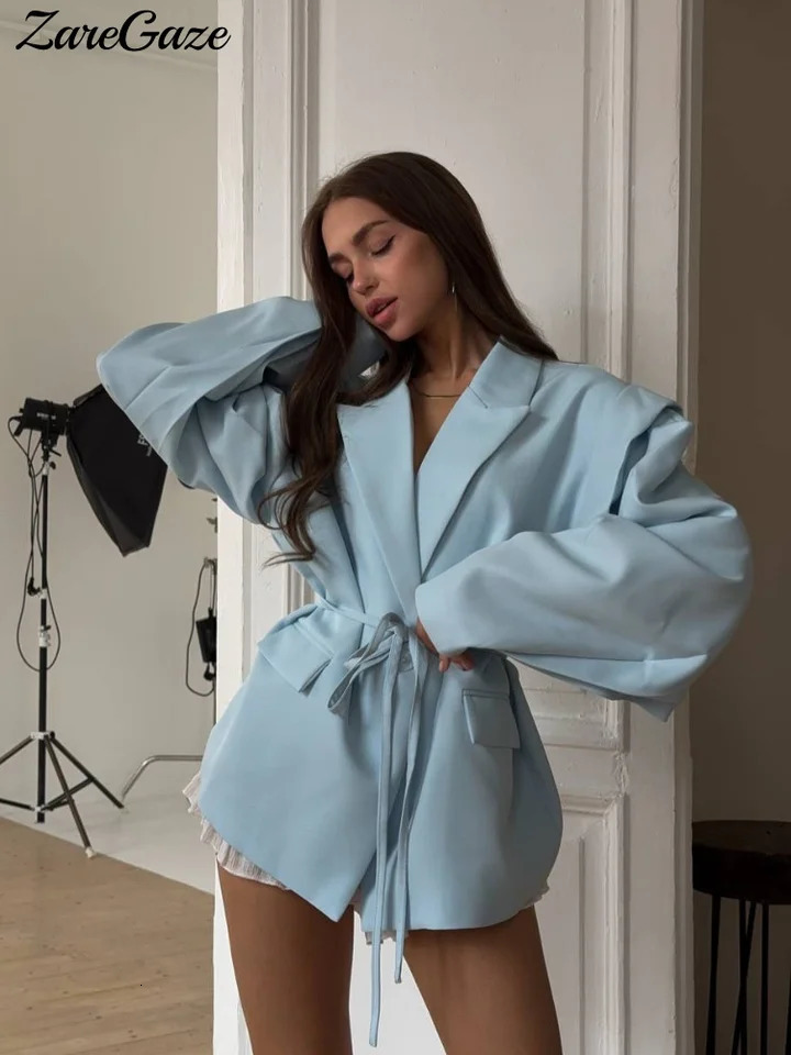 Elegant Solid Lapel Blazer Jackets Women Long Sleeve Single Button Lace Up Coats 2025 Spring Summer Fashion Street Lady Jacket 250614