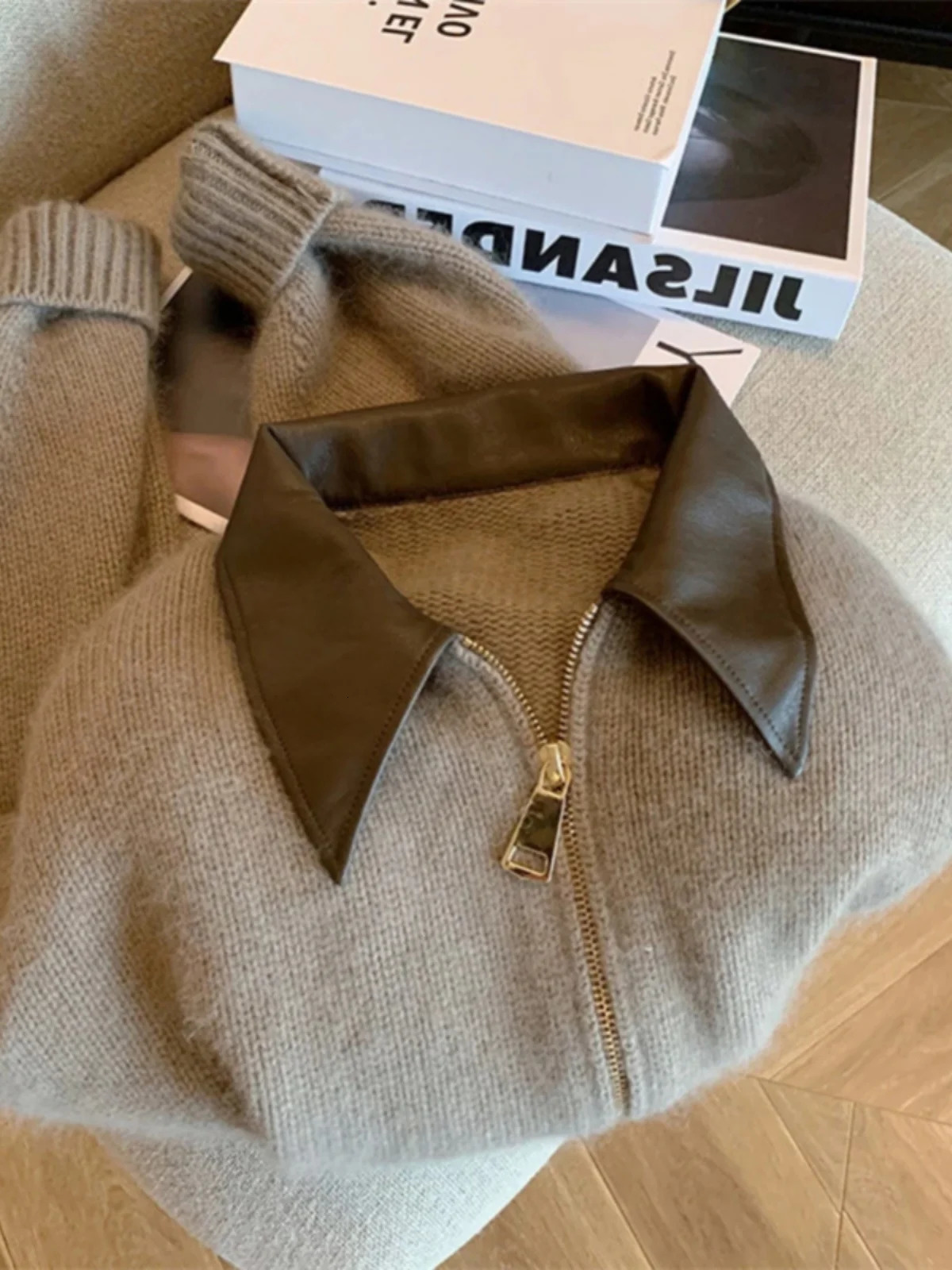 Spliced Leather Collar Knit Sweater Fashion Double Zipper Cardigan Womens AutumnWinter Soft Vintage Long Sleeve Streetwear 250616