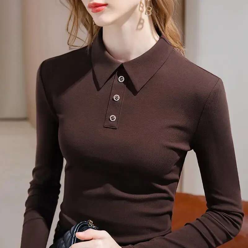 Polo Neck T Shirt for Women Basic Woman Tshirt Commute Tops Korean Clothing Fashion 2025 Popular Clothes High Quality Pretty Y2k