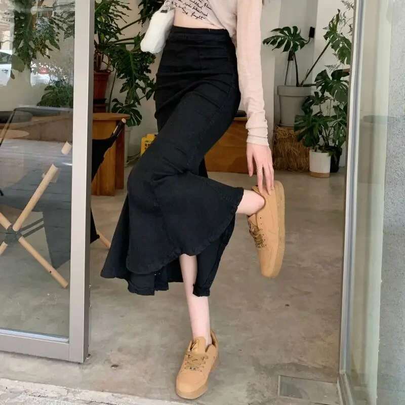Female Jeans Skirts Midi With Slit Korean Style Streetwear Chic and Elegant Clothing Trend 2025 Harajuku Womens Denim Skirt