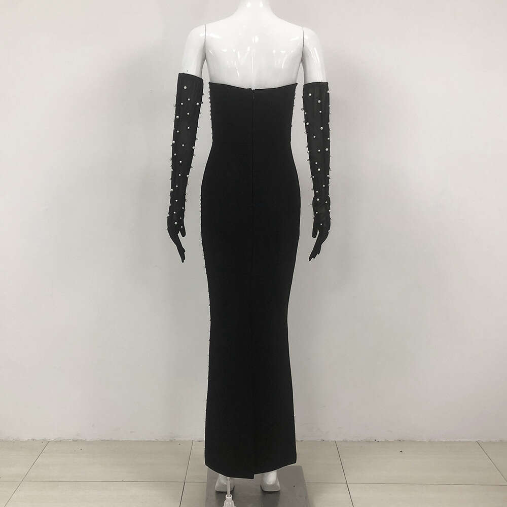 Winter New Fashion Sexy Pearl Decorated Socialite Style Strapless Bandage Long Dress
