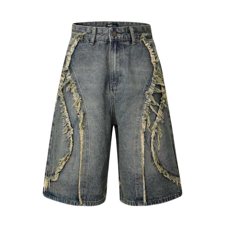 Summer Raw Edge Jeans Short Streetwear Hip Hop Y2k Ripped Hole Knee Length Pants Harajuku Vintage Baggy Denim Shorts Male Z250617