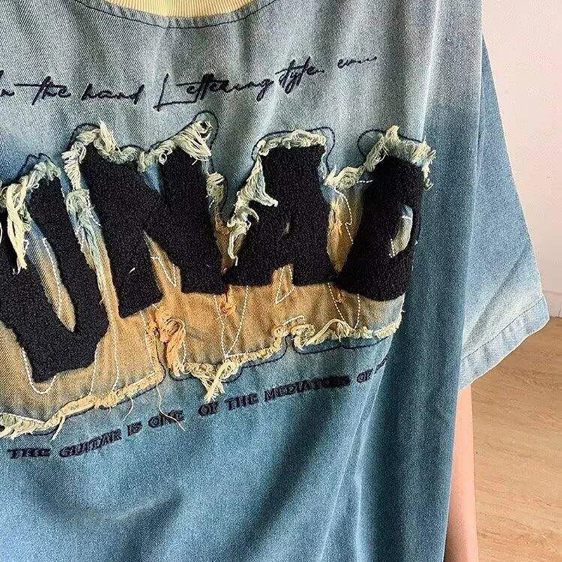 PFHQ Summer Men Denim T-shirt Embroidered Patchwork Contrast Color Short Sleeve T-Shirt Trendy Male Tops 21E6267 250617