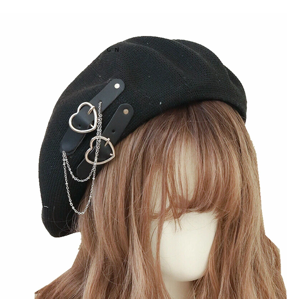 Black Punk Beret for Girls Women 56cm Head Preppy Style Breathable Gothic Lolita JK Hat Beanie 250604