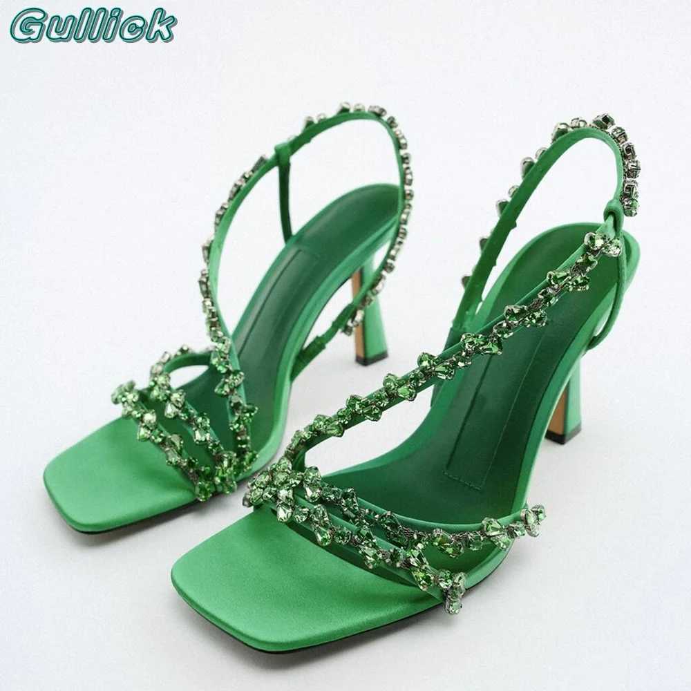 Blue Gemstone Beaded Sandals Square Toe Slingback High Heel Sexy Green Color Slip On Solid Chic Narrow Band Summer Shoes M250617