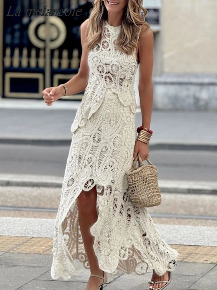 Crochet Knitted Irregular Top Skirts Set Woman Summer Sexy Sleeveless Tank Top High Waist Skirts Elegant Chic Outfit 250616