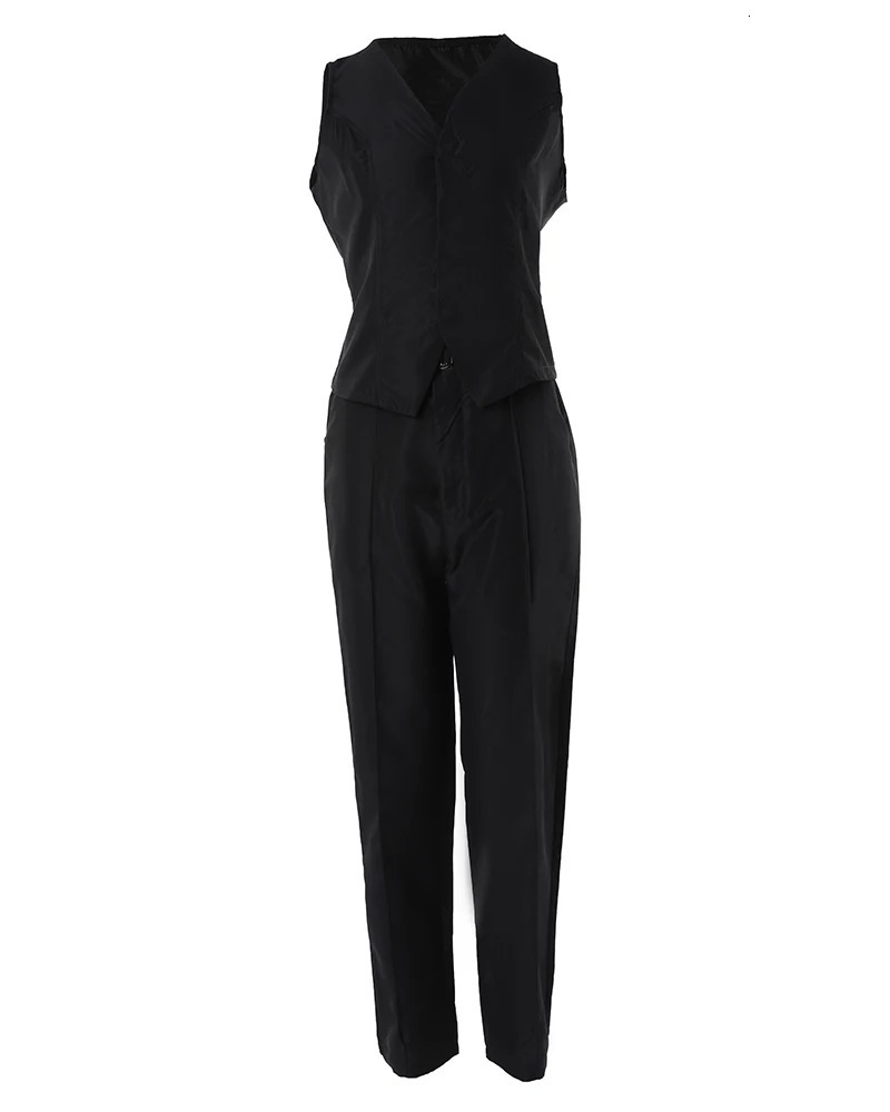 Womens Plain Blazer Vest and Work Pants Set Sleeveless Top Monochromatic High Waist Casual Clothes Spring Summer 2Pcs 250612