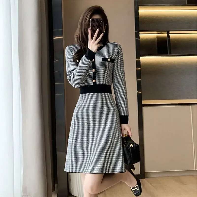 A Line Knee Length Cover Up Midi Crochet Dresses for Women One-piece Woman Knitted Dress Clothes Long Sleeve Elegant and Pretty