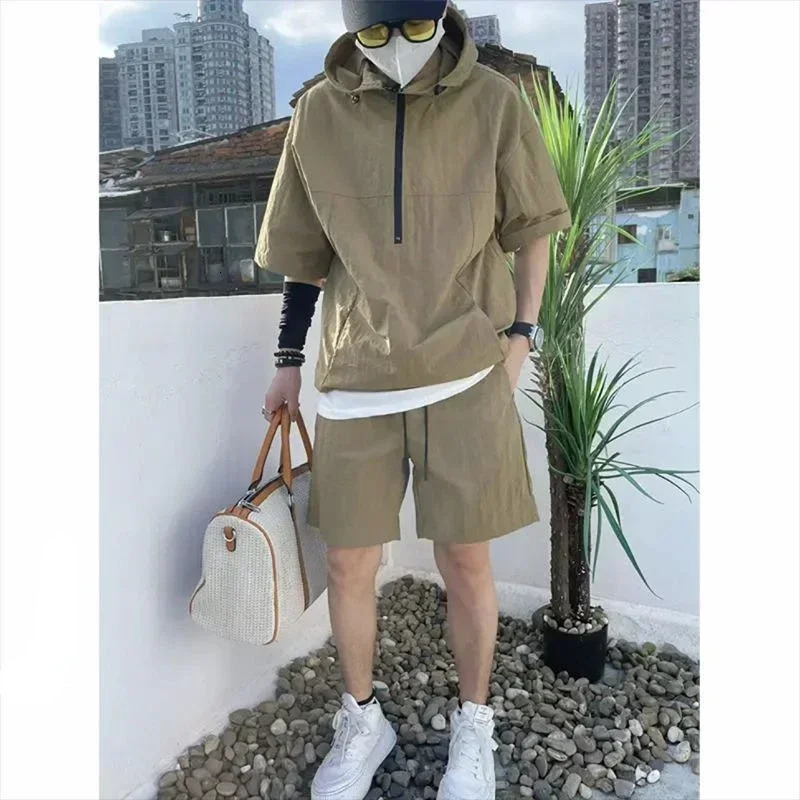 Summer Cargo Style Set Mens Casual Hooded Solid Short Sleeve T-shirt Shorts Loose Fashion High Quality Handsome Sweatshirt Suit 250616