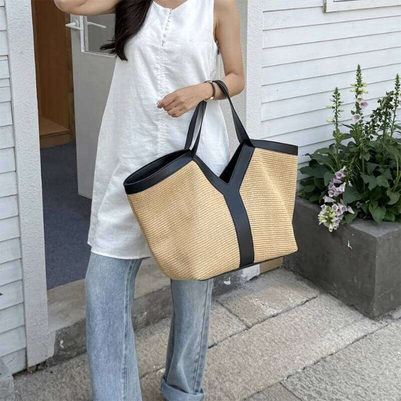 Y-Shaped Design Shoulder 2025 Brand Seaside Beach Vacation Travel Hollow Straw Large Capacity Tote Bag Casual Light Handbag