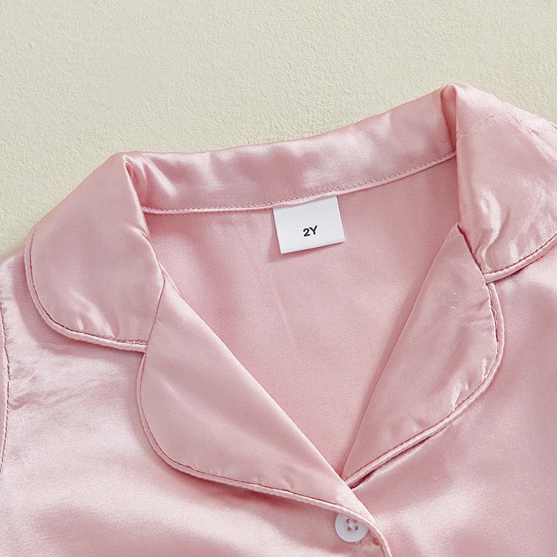 MISOWMNJOY Summer Baby Girls Pajamas Set Satin Silk Solid Color Button Lapel Short Sleeves T-Shirt Ruffled Shorts Kids Sleepwear 250617