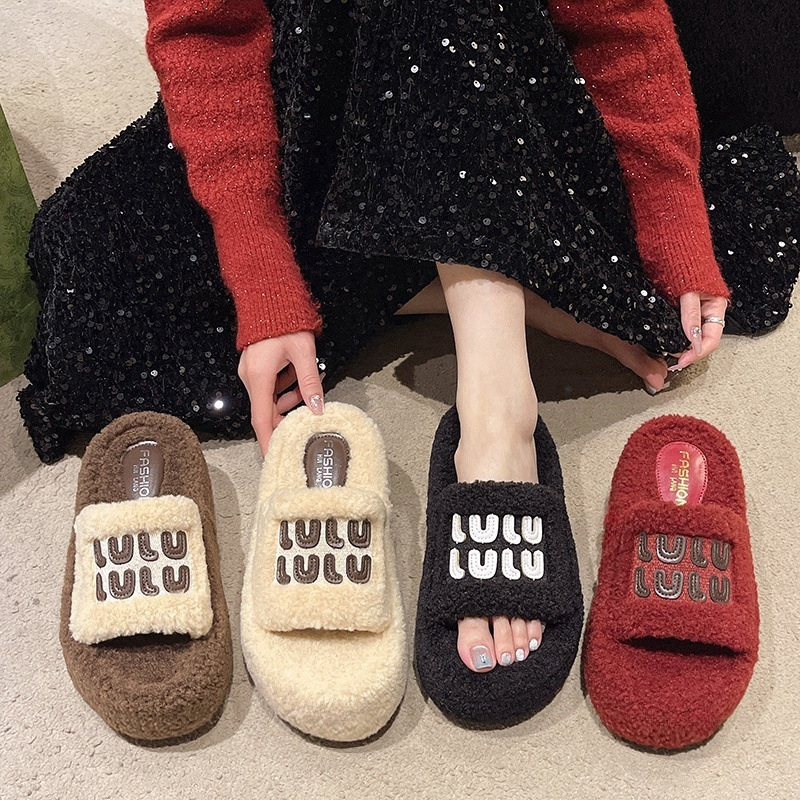 new free shipping designer for woman Indoor outdoor keep warm woolen slippers vintage platform black red khaki Plush sandals dh911068014