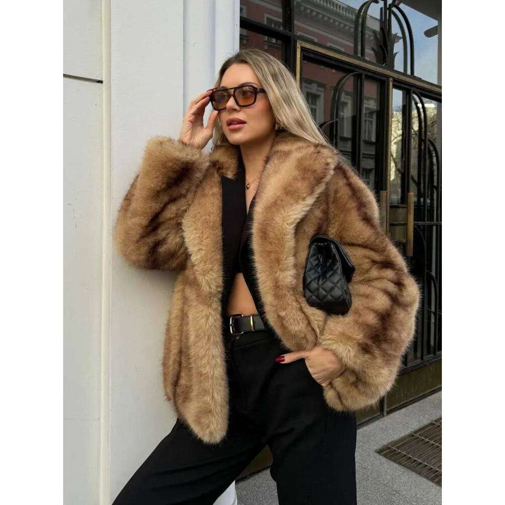 Gold Dyed Pointy Faux Fur Coat Suit Collar Fluffy Short Overcoat Vintage Thickened Warm Loose Fashion Women's Outwear Top Winter