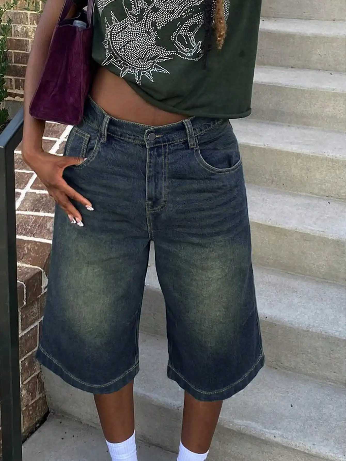 Y2K Street Vintage Drop Waist Slant Pocket Washed Cat Whisker Wide Leg Jorts Bermuda Denim Shorts Z250617