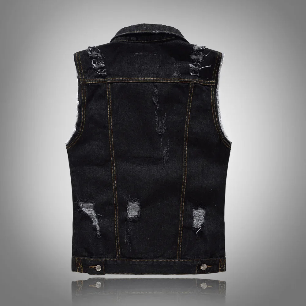 Mens Black Denim Vest Youth Lapel Ripped Casual Vest 250614