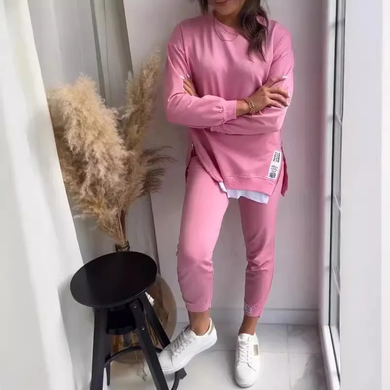 Autumn Patchwork Loose Two Piece Set Womens Fashion Long Sleeve Pullover Suit Casual Hoodie Sports Pencil Pants Outfits 250614