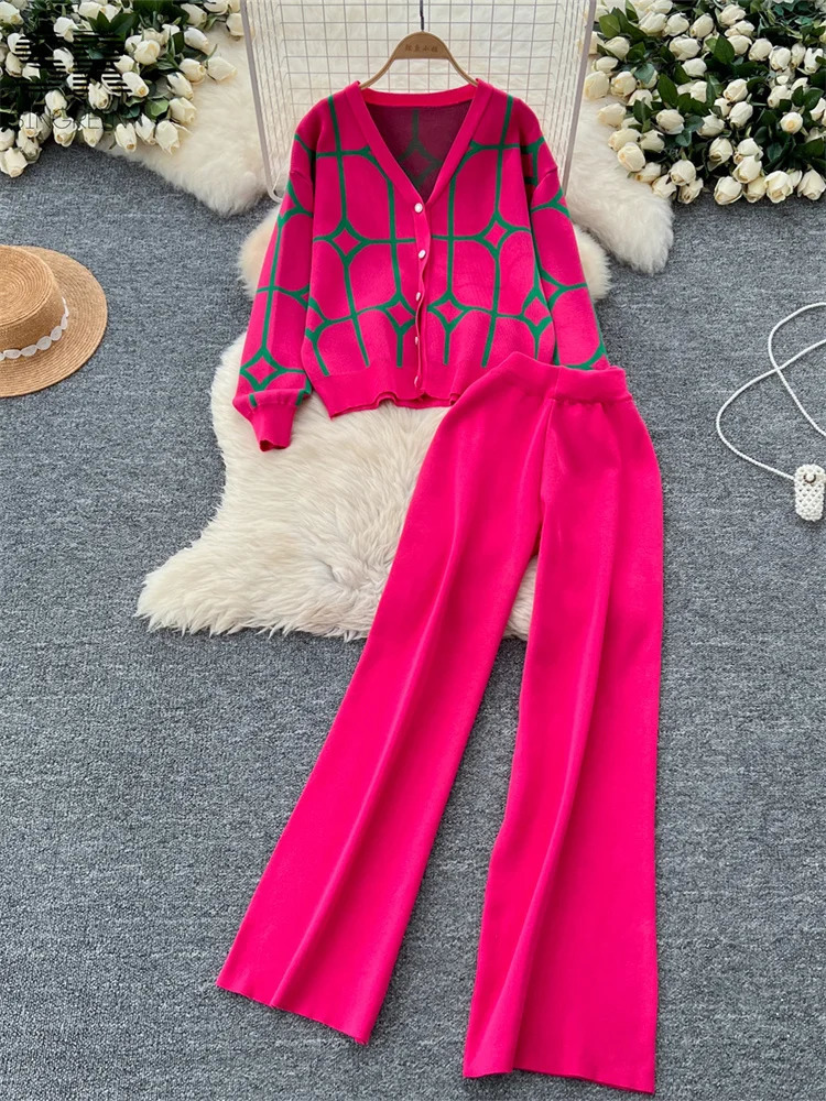 SINGREINY Basics Print Knit Two Pieces Sets Autumn Winter Single Breasted CardiganWide Leg Long Pants Fashion Streetwear Suits 250616