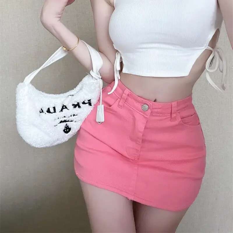 Skirts for Women Jeans Womens Skirt Mini Clothes Denim Wrap Pink Short Tight Gyaru Chic and Elegant Streetwear Fashion New In V