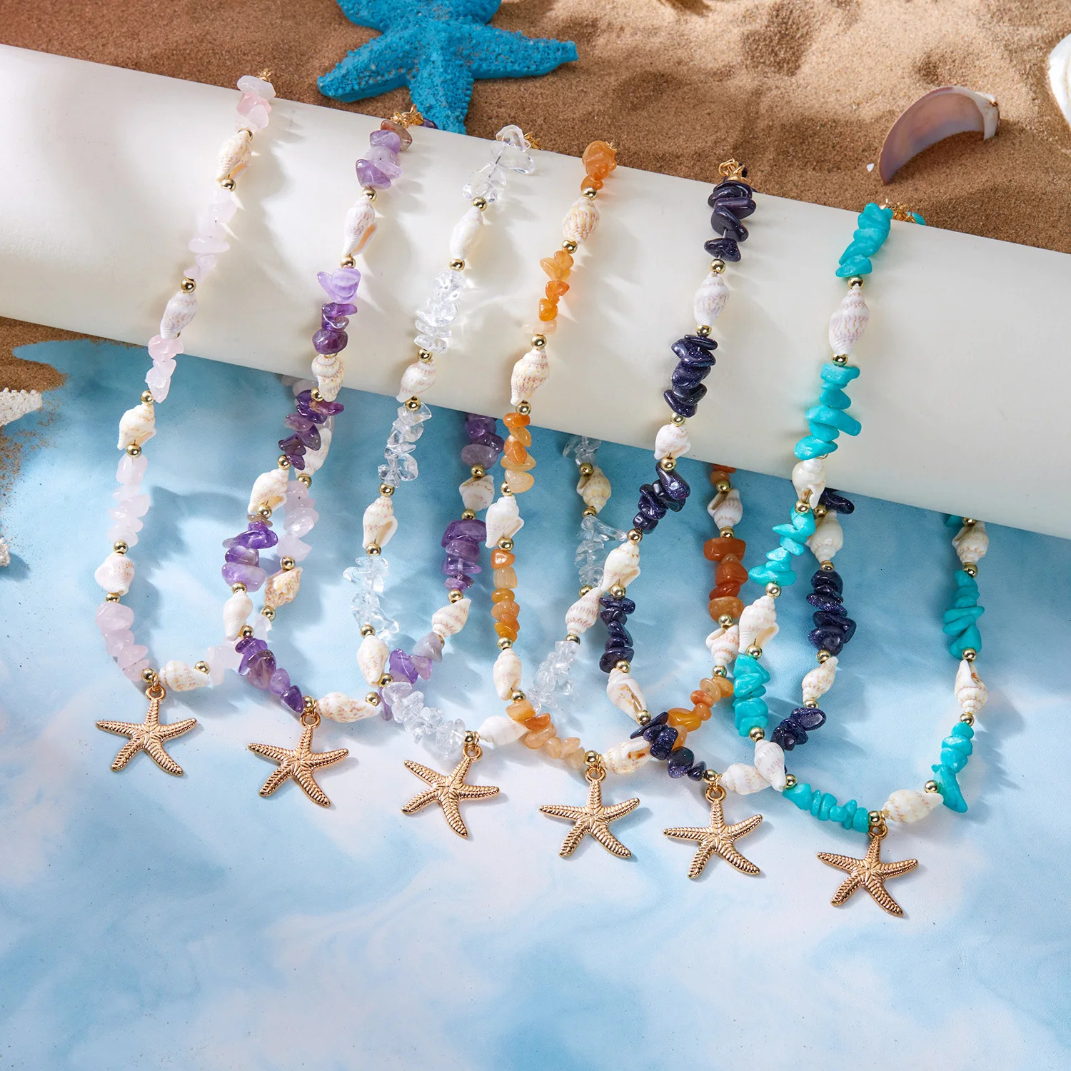 Bohemian Starfish Conch Pendant Necklaces For Women Colorful Irregular Stone Choker Neck Chain Girls Summer Beach Party Jewelry 250616