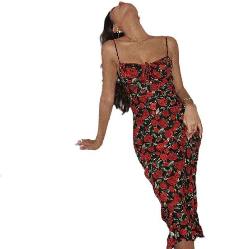 Black Dress June Womens Dress Dresses for Woman 826 Summer New 2025 Printed Square Neck Strap Mermaid Slim Fit Mid-length Dress French Vacation